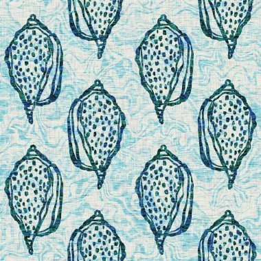 Ege Teal deniz kabuğu deniz kabuğu kusursuz desen. Grunge ev dekorasyonu kumaş tekstil ürünleri için soluk keten efekt arka planı. 