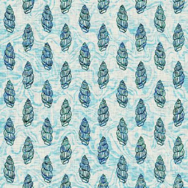 Ege Teal deniz kabuğu deniz kabuğu kusursuz desen. Grunge ev dekorasyonu kumaş tekstil ürünleri için soluk keten efekt arka planı. 