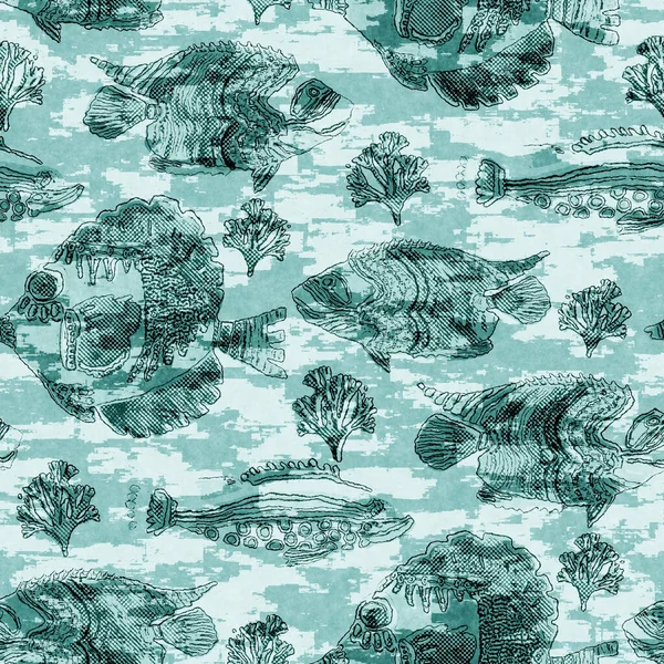 Ägäis Krickente Schwarm von Fischwäsche waschen nautischen Hintergrund. Stoffmuster im Sommer an der Küste. Unter dem Meeresleben schwimmen tropische Fische. 2 Ton blau gefärbte Textil nahtlose Muster. — Stockfoto