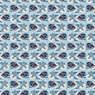 Indigo Blue Seashell deniz kabuğu kusursuz desen. Klasik nantucket kumaş, tekstil, blok baskı tarzında modern deniz kabuğu baskısı. Yaz 2 ton yüksek kontrastlı jpg fayans örneği