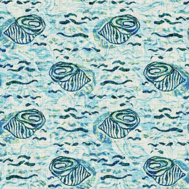 Ege Teal deniz kabuğu deniz kabuğu kusursuz desen. Grunge ev dekorasyonu kumaş tekstil ürünleri için soluk keten efekt arka planı. 