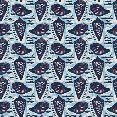 Indigo Blue Seashell deniz kabuğu kusursuz desen. Klasik nantucket kumaş, tekstil, blok baskı tarzında modern deniz kabuğu baskısı. Yaz 2 ton yüksek kontrastlı jpg fayans örneği