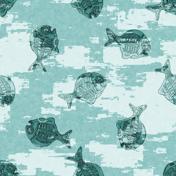 Эгейский бирюзовый косяк из рыбного льняного белья на морском фоне. Летние образцы ткани в прибрежном стиле. Под морем жизнь плавает тропических рыб материала. 2-тонный синий окрашенный текстиль бесшовный. — стоковое фото