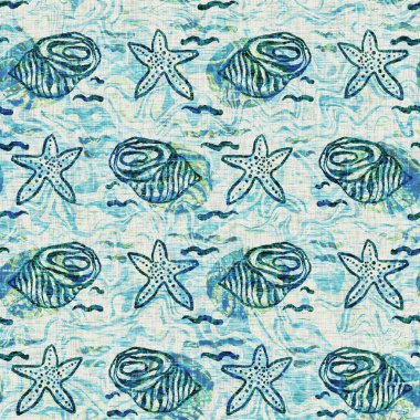 Ege Teal deniz kabuğu deniz kabuğu kusursuz desen. Grunge ev dekorasyonu kumaş tekstil ürünleri için soluk keten efekt arka planı. 