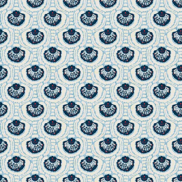 Indigo Blue Seashell nautisch naadloos patroon. Moderne marine shell print in klassieke nantucket stof textiel met de hand getekend blok print stijl. Zomer 2 Toon hoog contrast jpg tegel staal — Stockfoto