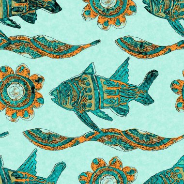 Balık keten mercan sürüsü deniz altyapısını yıkar. Yaz sahili kumaş örnekleri. Deniz altında tropikal balıklar malzemelerle beslenir. 2 tonluk yeşil resif boyalı tekstil dikişsiz desen.