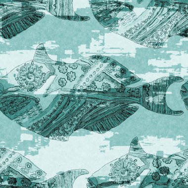 Ege deniz mavisi balık örtüsü sürüsü deniz altyapısını yıkar. Yaz sahili kumaş örnekleri. Deniz altında tropikal balıklar yüzer. 2 tonluk mavi boyalı tekstil dikişsiz desen.