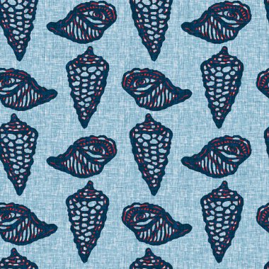 Indigo Blue Seashell deniz kabuğu kusursuz desen. Klasik nantucket kumaş, tekstil, blok baskı tarzında modern deniz kabuğu baskısı. Yaz 2 ton yüksek kontrastlı jpg fayans örneği