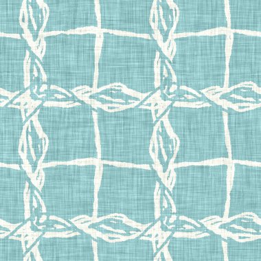 Ege teal geo ızgarası desenli keten doku arka planı. Yaz mevsiminde yaşam stili yıkama kontrol kumaşı etkisi. Deniz yeşili yıkama grunge sıkıntılı geometrik ızgara. Ev dekorasyonu tekniksiz desen