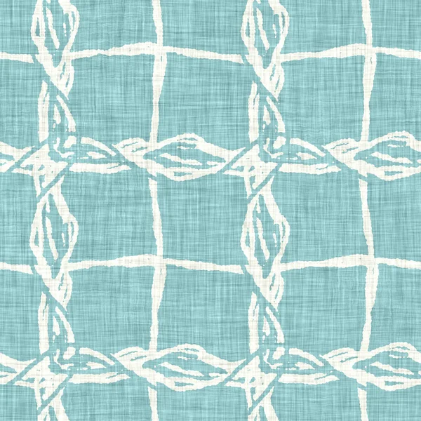 Ege teal geo ızgarası desenli keten doku arka planı. Yaz mevsiminde yaşam stili yıkama kontrol kumaşı etkisi. Deniz yeşili yıkama grunge sıkıntılı geometrik ızgara. Ev dekorasyonu tekniksiz desen