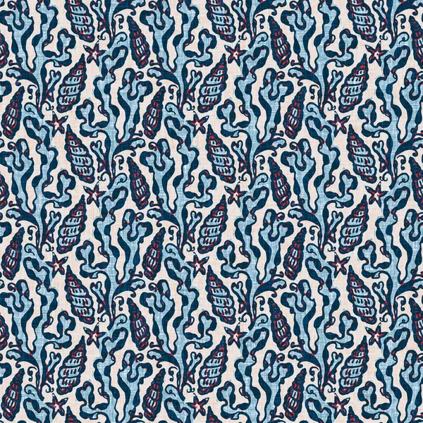 Ίντιγκο μπλε φύκια ναυτική αδιάλειπτη μοτίβο. Marine kelp φυτικό αποτύπωμα σε nantucket υφασμάτινο χέρι που μπλοκ στυλ εκτύπωσης. Καλοκαίρι 2 τόνος υψηλής αντίθεσης λινό ύφασμα επίδραση jpg swatch — Φωτογραφία Αρχείου