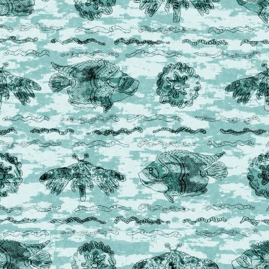 Ege deniz mavisi balık örtüsü sürüsü deniz altyapısını yıkar. Yaz sahili kumaş örnekleri. Deniz altında tropikal balıklar yüzer. 2 tonluk mavi boyalı tekstil dikişsiz desen.