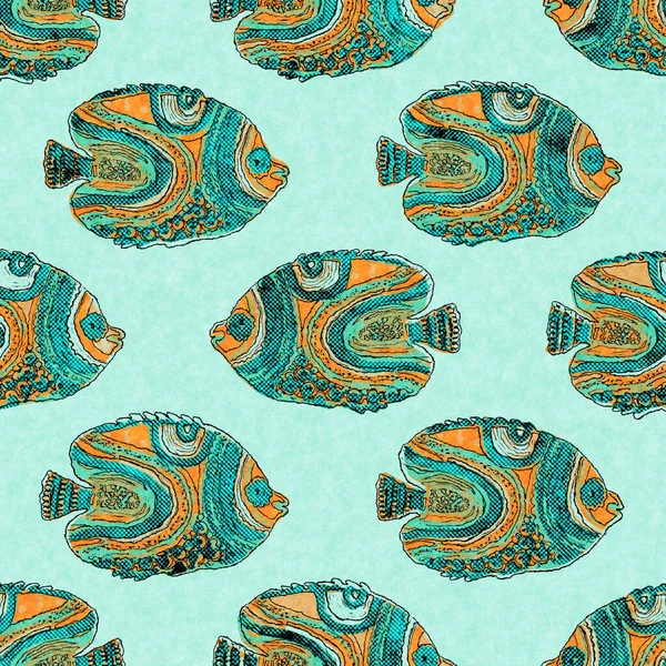Coral teal shoal of fish linen wash nautical background. Summer coastal style fabric swatches. Under the sea life tropical fishes material. 2 tone green reef dyed textile seamless pattern. — Stock Photo, Image