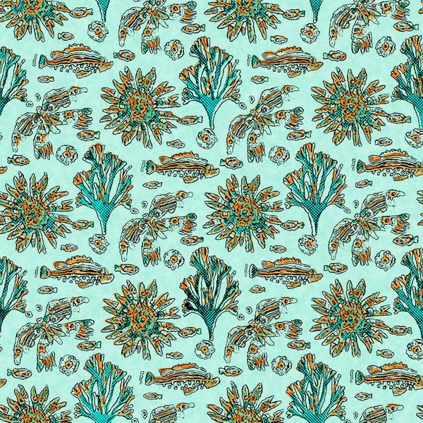 Banc de sarcelle de corail de lin de poisson laver fond nautique. Échantillons de tissu de style côtier d'été. Sous la vie marine poissons tropicaux matière. motif sans couture textile teint récif vert 2 tons. — Photo