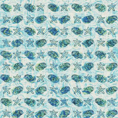 Ege Teal deniz kabuğu deniz kabuğu kusursuz desen. Grunge ev dekorasyonu kumaş tekstil ürünleri için soluk keten efekt arka planı. 