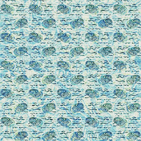 Egejski morski morski wzorzec morski Teal Sealife bez szwu. Grunge stres wyblakły efekt lniany tło dla morskich tkanin dekoracyjnych domu. — Zdjęcie stockowe