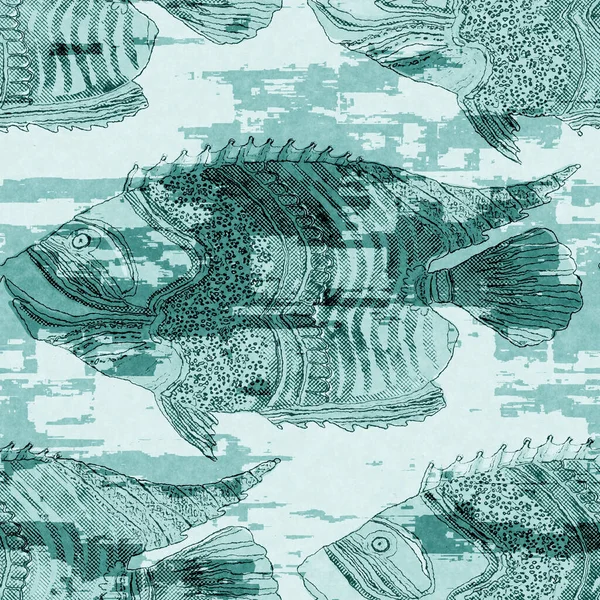 Egejské telecí hejno rybího lnu myje námořní zázemí. Letní pobřežní styl pruhy tkanin. Pod mořem život plavání tropické ryby materiálu. 2 tón modrá barvená textilie bezešvé vzor. — Stock fotografie
