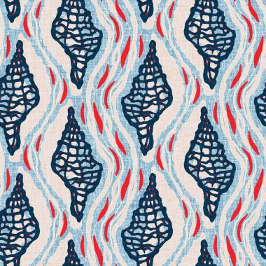 Indigo Blue Seashell deniz kabuğu kusursuz desen. Klasik nantucket kumaş, tekstil, blok baskı tarzında modern deniz kabuğu baskısı. Yaz 2 ton yüksek kontrastlı jpg fayans örneği