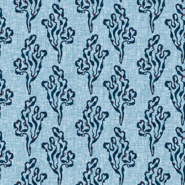 Çivit mavisi deniz yosunu, kusursuz desen. Nantucket tekstil el işçiliğinde deniz yosunu bitkisi izi. Blok baskı stili çizilmiş. Yaz 2: Yüksek kontrastlı keten kumaş efekti jpg swatch
