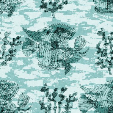 Ege deniz mavisi balık örtüsü sürüsü deniz altyapısını yıkar. Yaz sahili kumaş örnekleri. Deniz altında tropikal balıklar yüzer. 2 tonluk mavi boyalı tekstil dikişsiz desen.