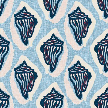 Indigo Blue Seashell deniz kabuğu kusursuz desen. Klasik nantucket kumaş, tekstil, blok baskı tarzında modern deniz kabuğu baskısı. Yaz 2 ton yüksek kontrastlı jpg fayans örneği