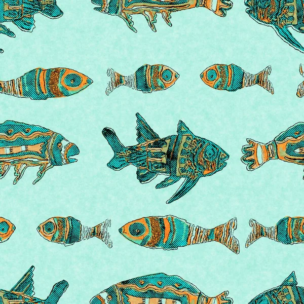 Banc de sarcelle de corail de lin de poisson laver fond nautique. Échantillons de tissu de style côtier d'été. Sous la vie marine poissons tropicaux matière. motif sans couture textile teint récif vert 2 tons. — Photo