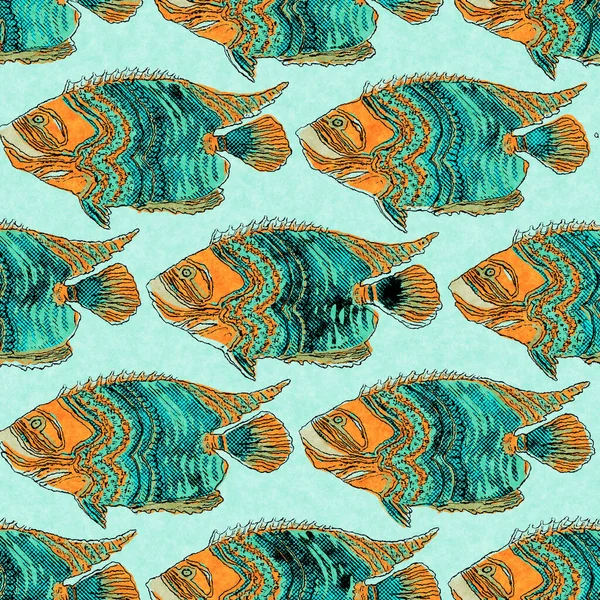 Coral teal shoal of fish linen wash nautical background. Summer coastal style fabric swatches. Under the sea life tropical fishes material. 2 tone green reef dyed textile seamless pattern. — Stock Photo, Image