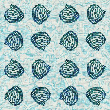 Ege Teal deniz kabuğu deniz kabuğu kusursuz desen. Grunge ev dekorasyonu kumaş tekstil ürünleri için soluk keten efekt arka planı. 