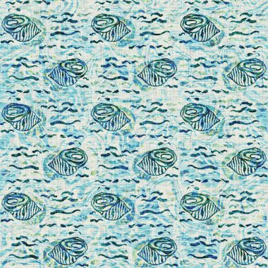 Ege Teal deniz kabuğu deniz kabuğu kusursuz desen. Grunge ev dekorasyonu kumaş tekstil ürünleri için soluk keten efekt arka planı. 