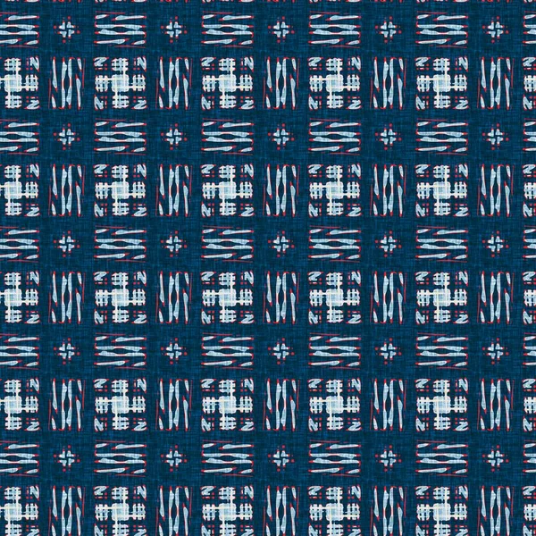 Indigo blauw gevlekt raster check nautisch naadloos patroon. Moderne onregelmatige marine lijn geometrische matroos print. Klassieke nantucket stof textiel stijl. Zomerse maritieme inrichting. Mannelijke mode print — Stockfoto