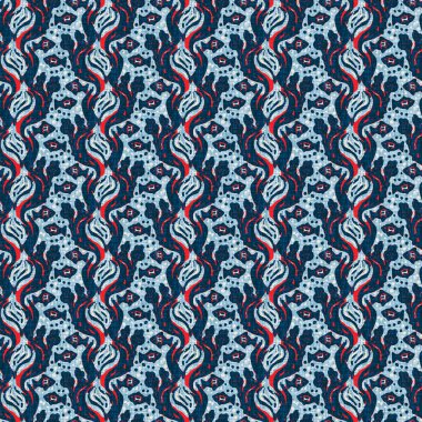 Çivit mavisi deniz yosunu, kusursuz desen. Nantucket tekstil el işçiliğinde deniz yosunu bitkisi izi. Blok baskı stili çizilmiş. Yaz 2: Yüksek kontrastlı keten kumaş efekti jpg swatch