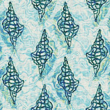 Ege Teal deniz kabuğu deniz kabuğu kusursuz desen. Grunge ev dekorasyonu kumaş tekstil ürünleri için soluk keten efekt arka planı. 