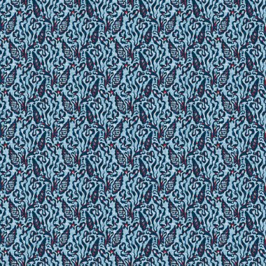 Çivit mavisi deniz yosunu, kusursuz desen. Nantucket tekstil el işçiliğinde deniz yosunu bitkisi izi. Blok baskı stili çizilmiş. Yaz 2: Yüksek kontrastlı keten kumaş efekti jpg swatch