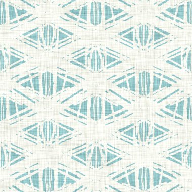 Ege teal geo ızgarası desenli keten doku arka planı. Yaz mevsiminde yaşam stili yıkama kontrol kumaşı etkisi. Deniz yeşili yıkama grunge sıkıntılı geometrik ızgara. Ev dekorasyonu tekniksiz desen