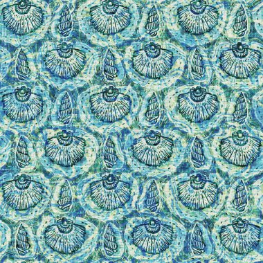 Ege Teal deniz kabuğu deniz kabuğu kusursuz desen. Grunge ev dekorasyonu kumaş tekstil ürünleri için soluk keten efekt arka planı. 