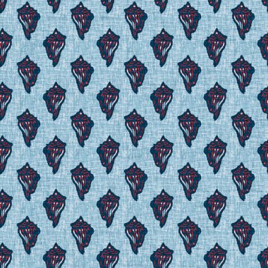 Indigo Blue Seashell deniz kabuğu kusursuz desen. Klasik nantucket kumaş, tekstil, blok baskı tarzında modern deniz kabuğu baskısı. Yaz 2 ton yüksek kontrastlı jpg fayans örneği