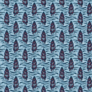Indigo Blue Seashell deniz kabuğu kusursuz desen. Klasik nantucket kumaş, tekstil, blok baskı tarzında modern deniz kabuğu baskısı. Yaz 2 ton yüksek kontrastlı jpg fayans örneği