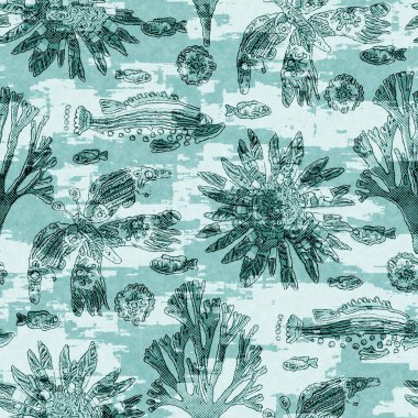 Ege deniz mavisi balık örtüsü sürüsü deniz altyapısını yıkar. Yaz sahili kumaş örnekleri. Deniz altında tropikal balıklar yüzer. 2 tonluk mavi boyalı tekstil dikişsiz desen.