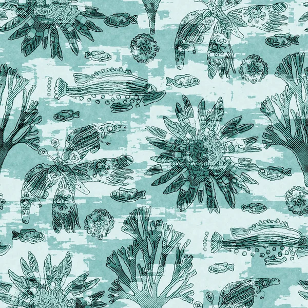 Ege deniz mavisi balık örtüsü sürüsü deniz altyapısını yıkar. Yaz sahili kumaş örnekleri. Deniz altında tropikal balıklar yüzer. 2 tonluk mavi boyalı tekstil dikişsiz desen.