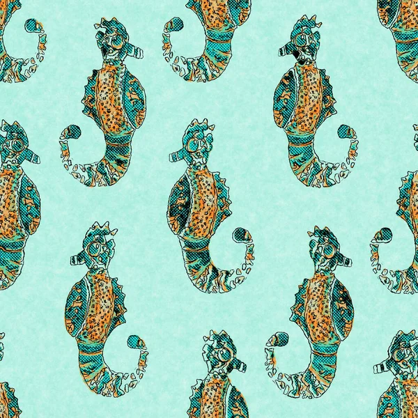 Coral green seahorse linen wash nautical background. Summer coastal style fabric swatches. Under the sea life tropical fishes material. 2 tone green reef dyed textile seamless pattern. — Stock Photo, Image