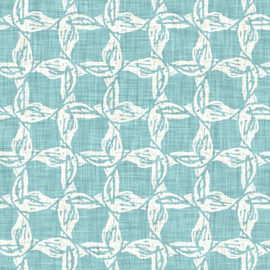 Ege teal geo ızgarası desenli keten doku arka planı. Yaz mevsiminde yaşam stili yıkama kontrol kumaşı etkisi. Deniz yeşili yıkama grunge sıkıntılı geometrik ızgara. Ev dekorasyonu tekniksiz desen