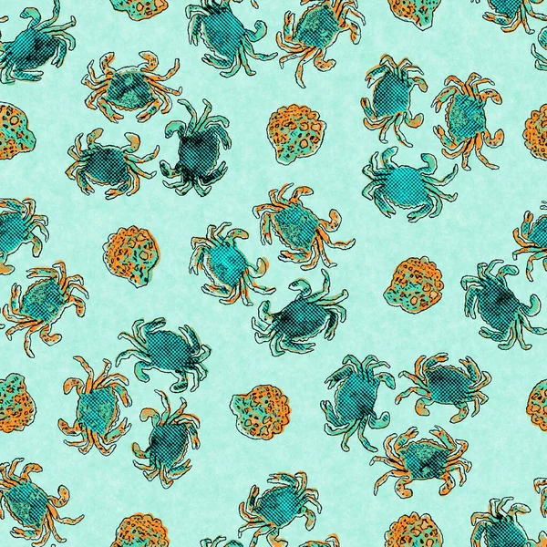 Korall grön krabba linne tvätta nautisk bakgrund. Sommar kust stil tyg swatches. Under havet liv tropiska kräftdjur material. 2 ton grönt rev färgade textil sömlös mönster. — Stockfoto