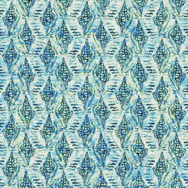 Ege Teal deniz kabuğu deniz kabuğu kusursuz desen. Grunge ev dekorasyonu kumaş tekstil ürünleri için soluk keten efekt arka planı. 