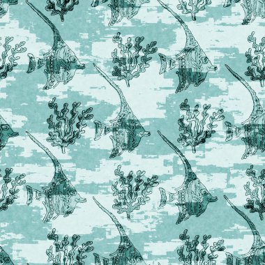 Ege deniz mavisi balık örtüsü sürüsü deniz altyapısını yıkar. Yaz sahili kumaş örnekleri. Deniz altında tropikal balıklar yüzer. 2 tonluk mavi boyalı tekstil dikişsiz desen.