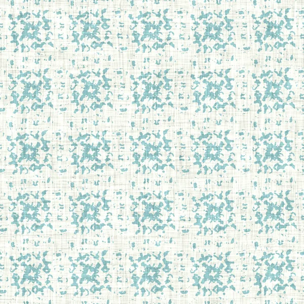 Aegean teal geo grid patterned linen texture background. Summer coastal living style wash check fabric effect. Sea green wash grunge distressed geometric grid. Home decor textile seamless pattern — Stock Photo, Image