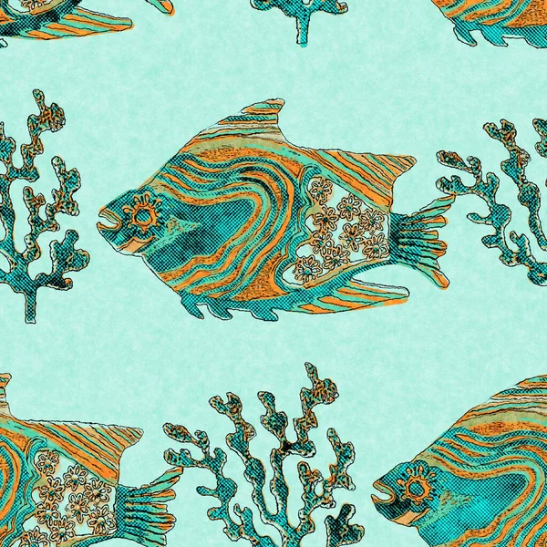 Banc de sarcelle de corail de lin de poisson laver fond nautique. Échantillons de tissu de style côtier d'été. Sous la vie marine poissons tropicaux matière. motif sans couture textile teint récif vert 2 tons. — Photo
