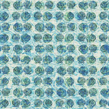 Ege Teal deniz kabuğu deniz kabuğu kusursuz desen. Grunge ev dekorasyonu kumaş tekstil ürünleri için soluk keten efekt arka planı. 