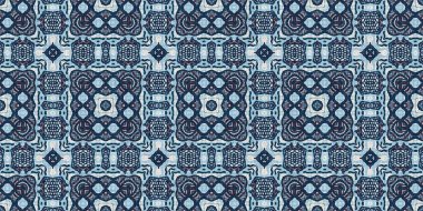 İndigo mavisi, kırmızı, batik, jeo, denizcilik, kusursuz sınır deseni. Modern marin geometrik kaleydoskop pankartı. Nantucket kumaş tarzı. Yaz kırsal erkeksi aşınmış keten etkisi kenar bandı 