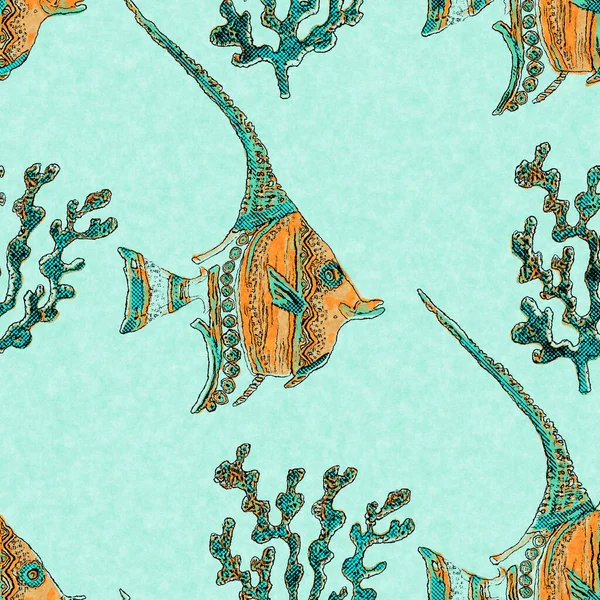 Κοραλλιογενή κοπάδια ψαριών λινό πλύσιμο ναυτικό υπόβαθρο. Καλοκαιρινά δείγματα υφάσματος παράκτιου τύπου. Κάτω από τη θαλάσσια ζωή τροπικά ψάρια υλικό. 2 τόνος πράσινο ύφαλο βαμμένο ύφασμα χωρίς ραφή μοτίβο. — Φωτογραφία Αρχείου