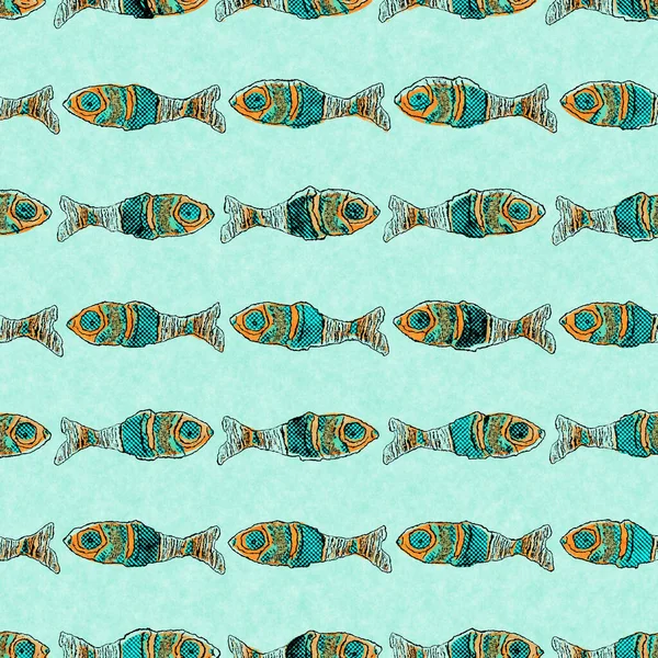 Coral teal shoal of fish linen wash nautical background. Summer coastal style fabric swatches. Under the sea life tropical fishes material. 2 tone green reef dyed textile seamless pattern. — Stock Photo, Image